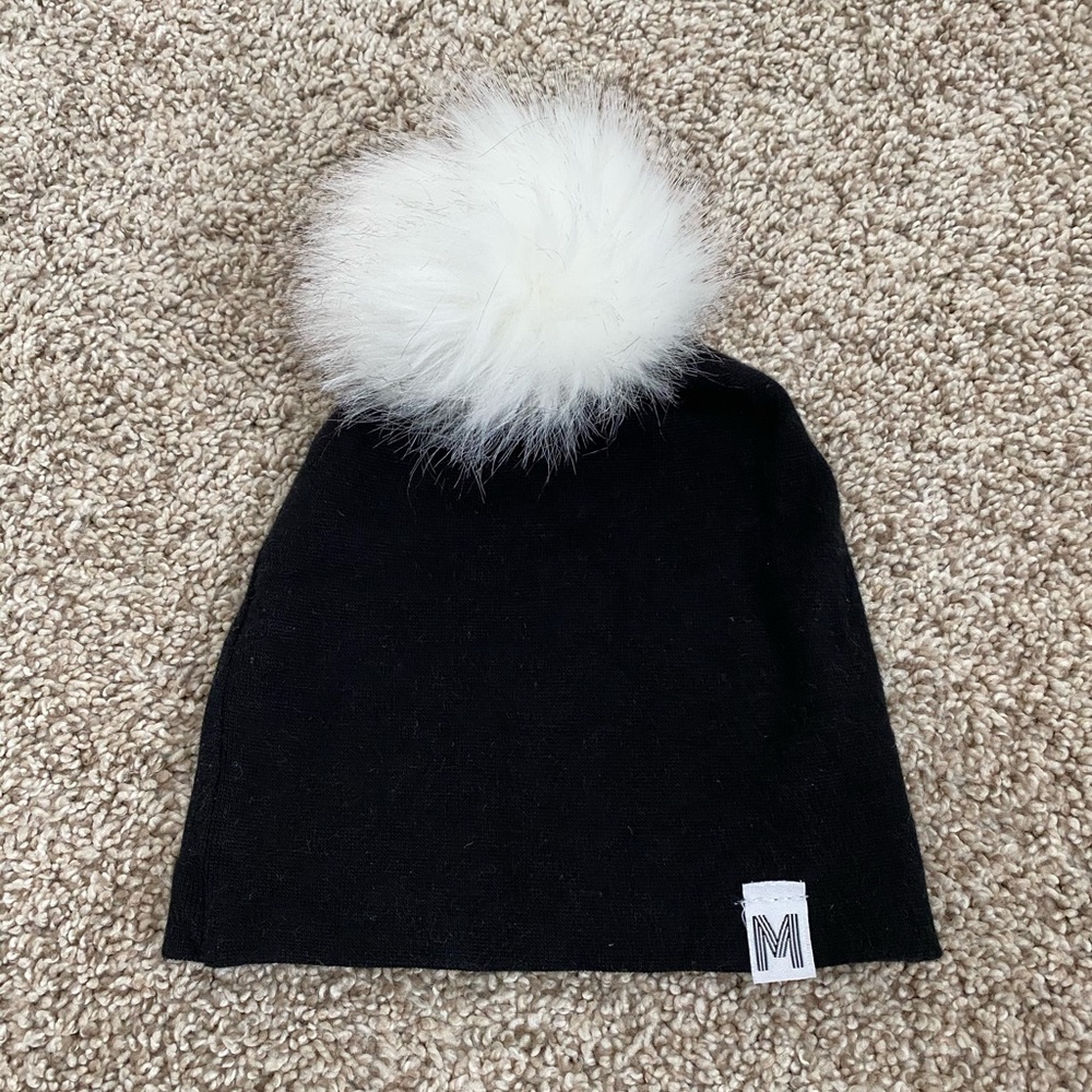 Newborn baby boy black pom pom fur beanie